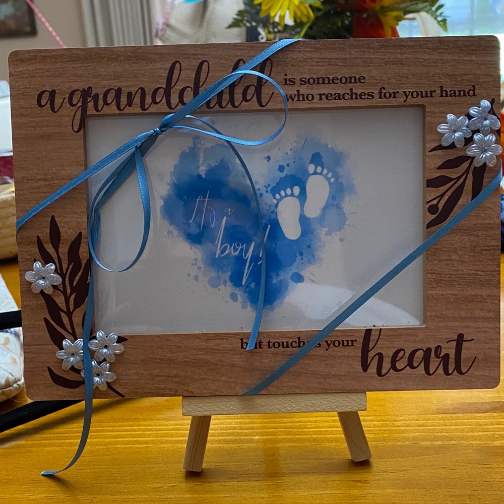 Wooden Baby Boy Photo Frame with Blue Accents with Easel